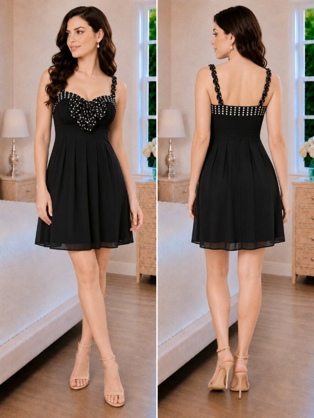 Sue Wong Black Dotted Silk Cocktail Dress $288